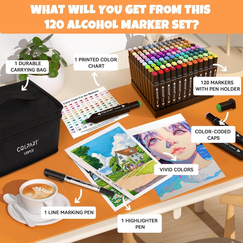 colart 120 Colors Alcohol Markers Set Dual Tip Art Markers for Kids Marker Pens with Pen Holder and Case for Adult Painting Supplies Perfect for Painting, Coloring Book, Sketching and Drawing - Image 5